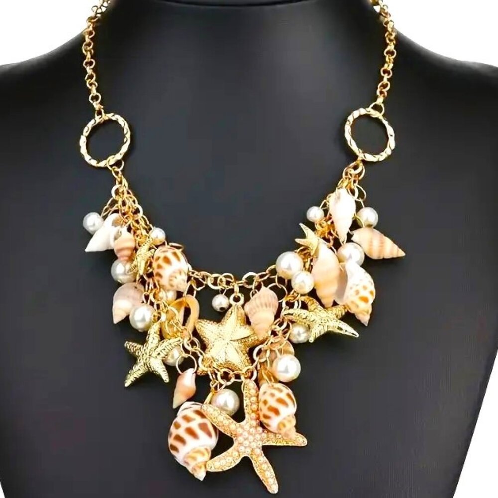 Shell Necklace Starfish Beach Ocean Conch Vacation Sea Pearls Fun Summer Layered